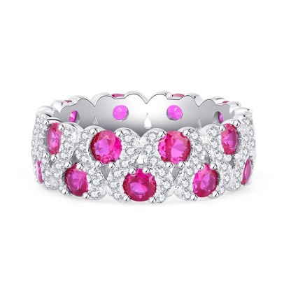 Red Ruby Round Cut Pave Eternity Band-Sterling Silver-lornajewelry