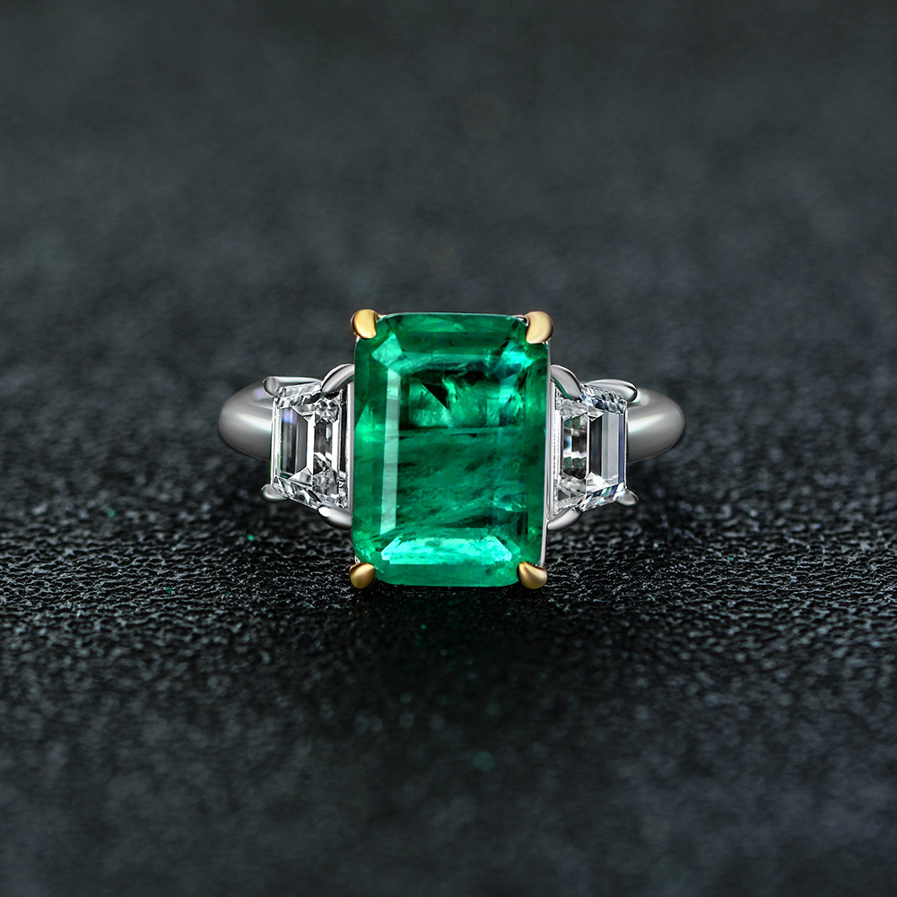 8Ct Emerald Cut Green Three-Stone Ring