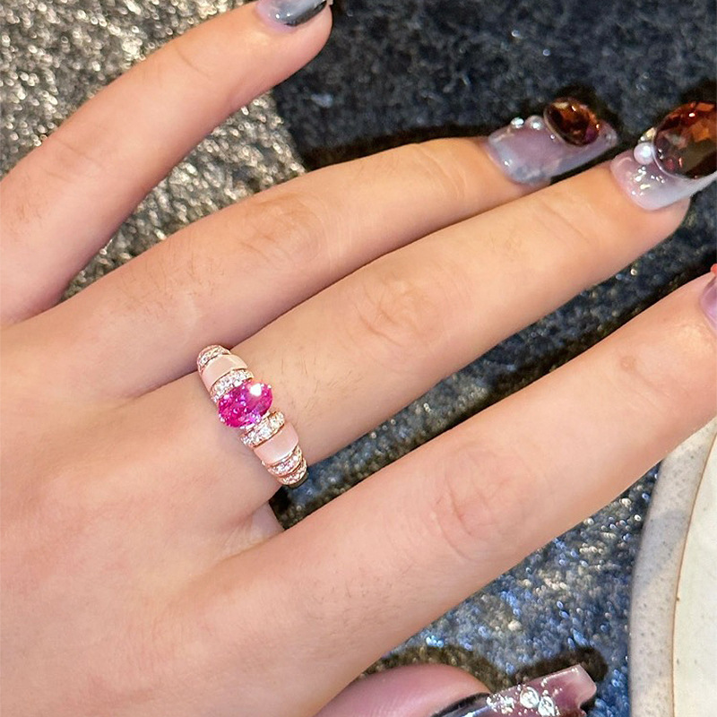 1Ct Rose Red Oval Cut Mother-of-Pearl Pave Setting Ring-Sterling Silver-lornajewelry