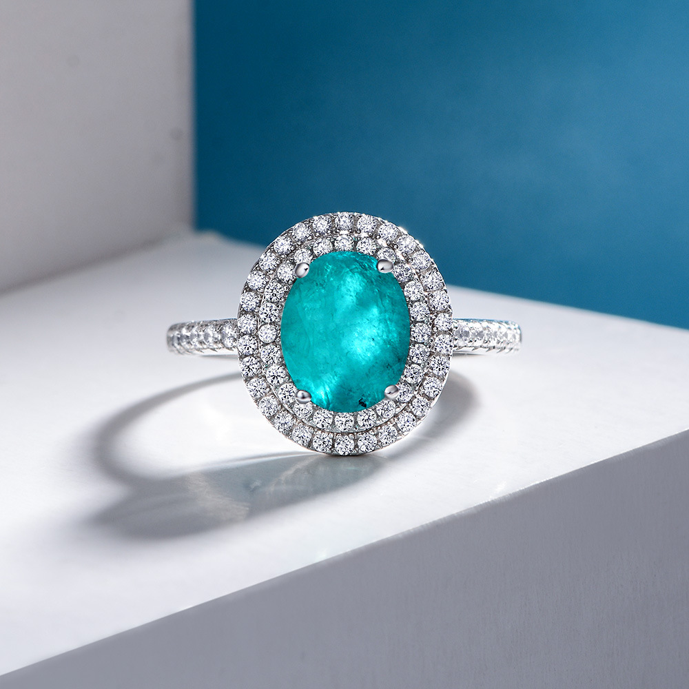 3Ct Oval Cut Blue Paraiba Tourmaline Double Halo Pave Setting Ring-Sterling Silver-lornajewelry