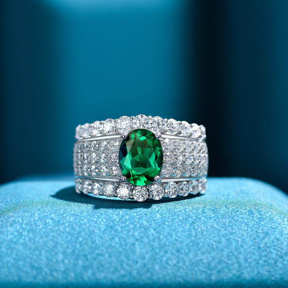 2Ct Luxury Oval Cut Green Wide-Band Design Engagement Ring-Sterling Silver-lornajewelry