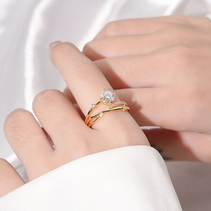 1Ct Moissanite White Round Cut Cross Over Setting Yellow Gold Twist Ring-Sterling Silver-lornajewelry