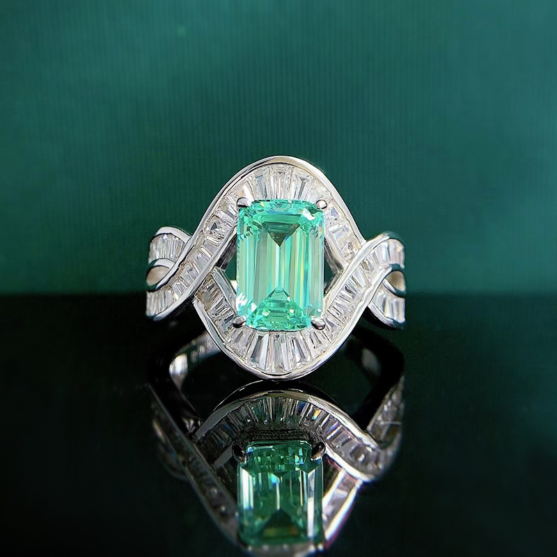 1Ct Paraiba Emerald Cut Pave Set Vintage Style Ring-Sterling Silver-lornajewelry