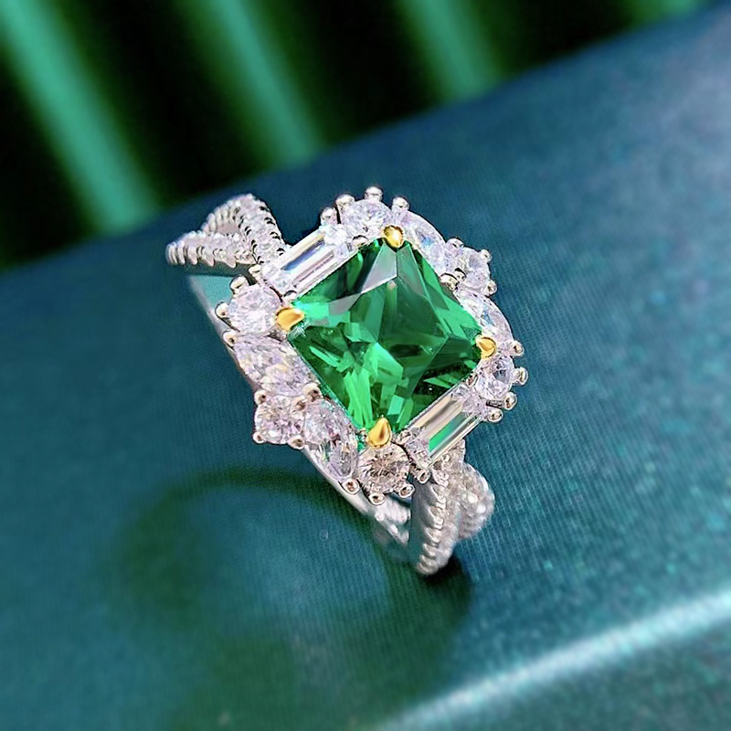 2Ct Green Cushion Cut Halo Split Shank Ring-Sterling Silver-lornajewelry