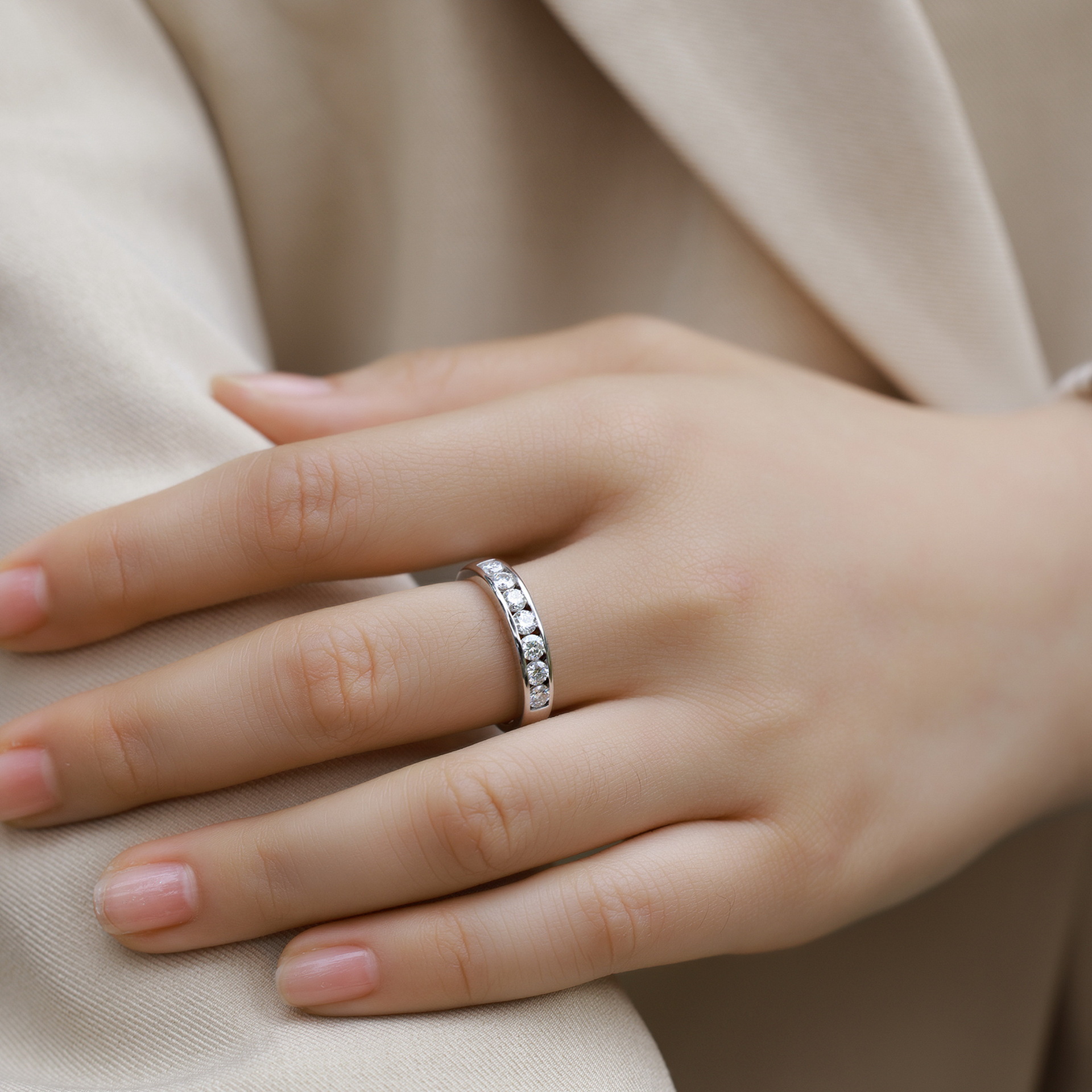 Moissanite Channel Set Half Eternity Wedding Band Ring In Sterling Silver