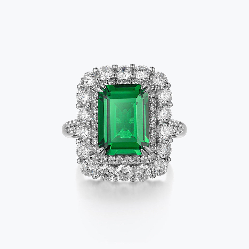 7Ct Green Emerald Cut Halo Setting Classic Ring-Sterling Silver-lornajewelry