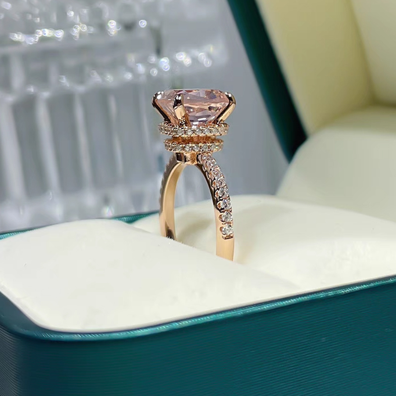5Ct Rose Gold Peachy Pink Stone Cushion Cut Engagement Ring With Double Halo-Sterling Silver-lornajewelry