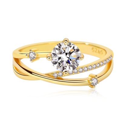 1Ct Moissanite White Round Cut Cross Over Setting Yellow Gold Twist Ring-Sterling Silver-lornajewelry