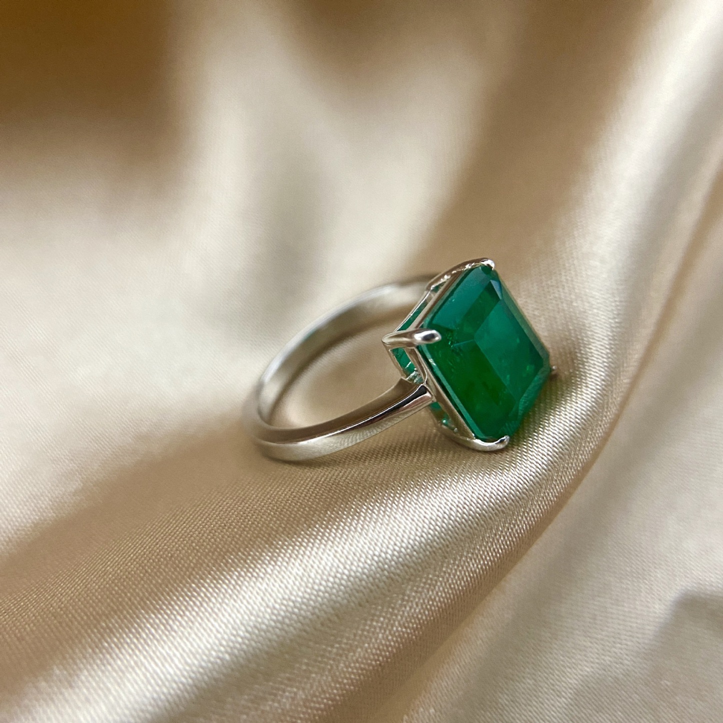 4Ct Emerald Cut Green Engagement Ring In Sterling Silver