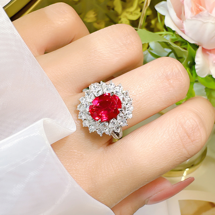 3.5Ct Oval Cut Red Gemstone Floral Diamond Halo Ring-Sterling Silver-lornajewelry