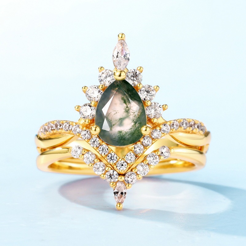 2Ct Yellow Gold Vintage Pear cut Natural Moss Agate Wedding Ring Set In Sterling Silver-Sterling Silver-lornajewelry