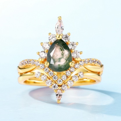 2Ct Yellow Gold Vintage Pear cut Natural Moss Agate Wedding Ring Set In Sterling Silver-Sterling Silver-lornajewelry