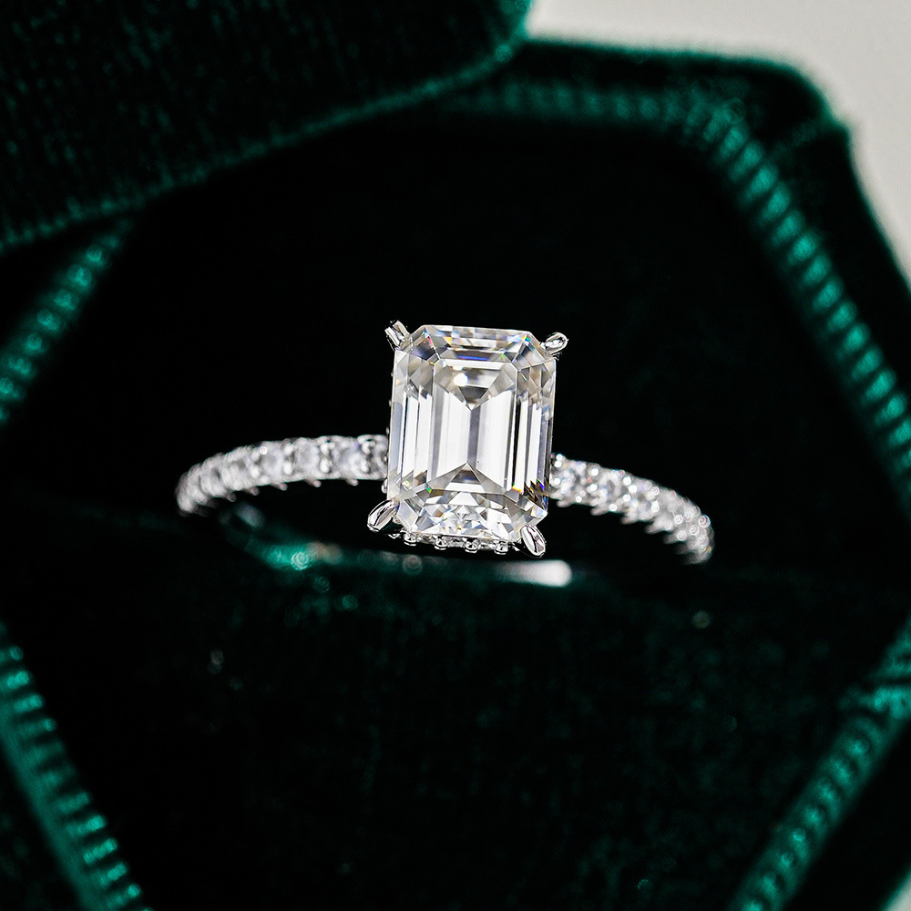 1Ct Moissanite Classic Emerald Cut Pave Engagement Ring in Sterling Silver