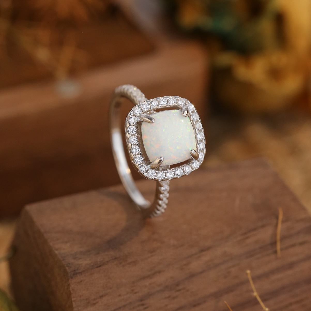 3Ct Unique Halo Cushion Cut Opal Stone Engagement Ring In Sterling Silver