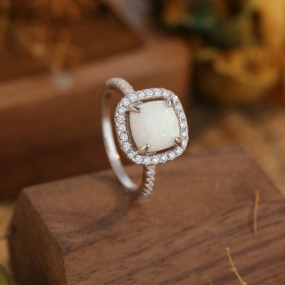 3Ct Unique Halo Cushion Cut Opal Stone Engagement Ring In Sterling Silver