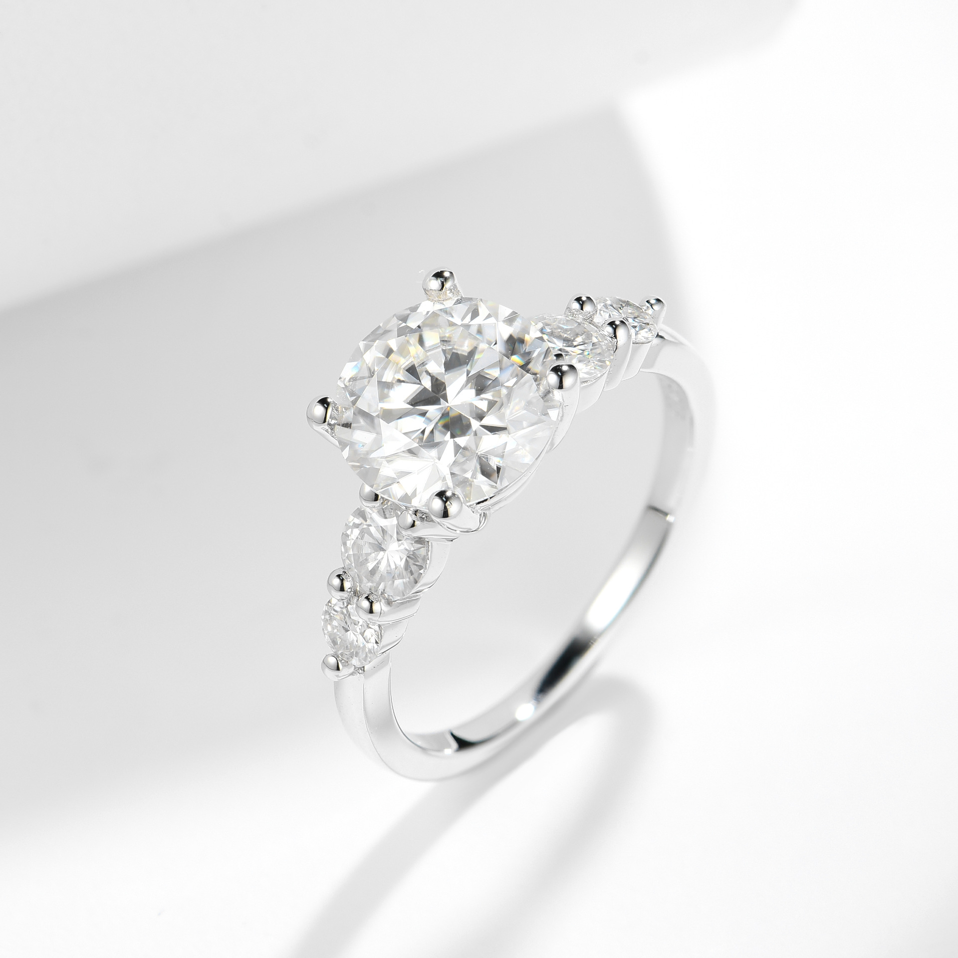 3Ct Moissanite Round Cut Side Chic Five-Stone Sterling Silver Engagement Ring