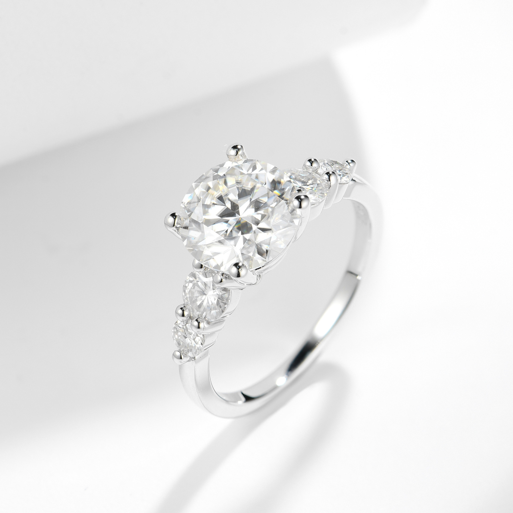 3Ct Moissanite Round Cut Side Chic Five-Stone Sterling Silver Engagement Ring