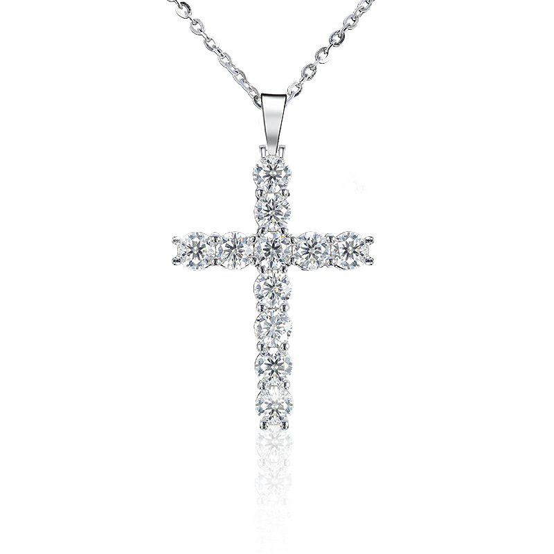 Moissanite Round Cross Pendant Necklace in Sterling Silver-Sterling Silver-lornajewelry