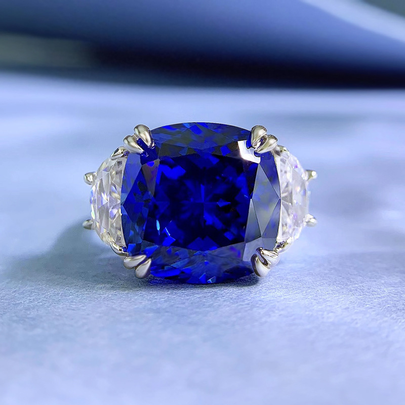 11Ct Blue Cushion Cut Prong Setting Classic Style Ring-Sterling Silver-lornajewelry