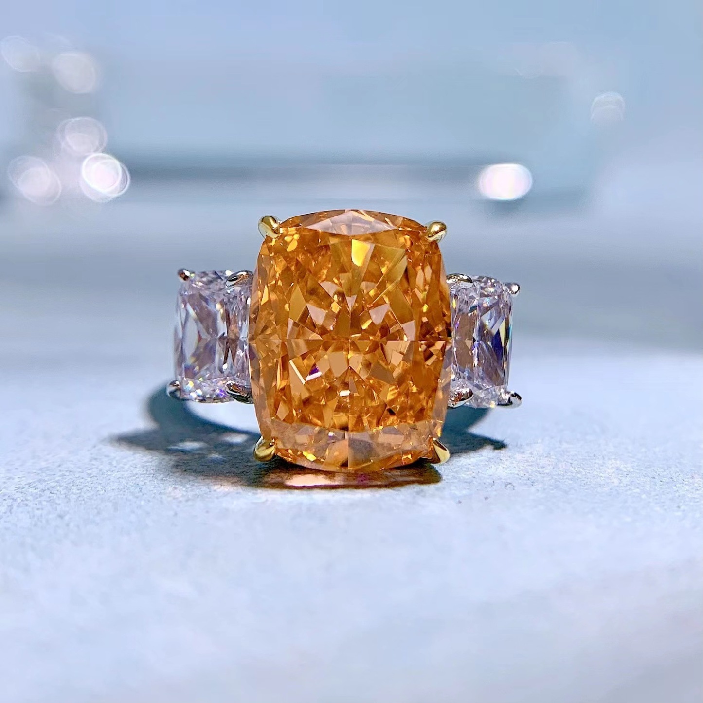 6.5Ct Cushion Cut Orange Diamond Three Stone Ring-Sterling Silver-lornajewelry