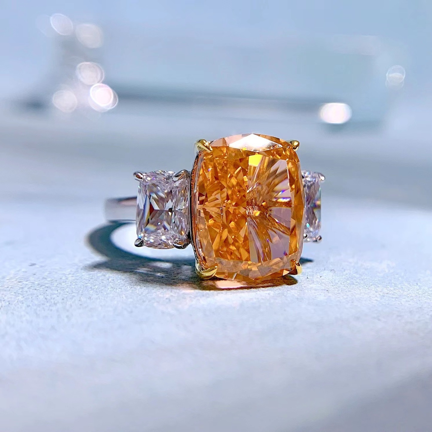 6.5Ct Cushion Cut Orange Diamond Three Stone Ring-Sterling Silver-lornajewelry