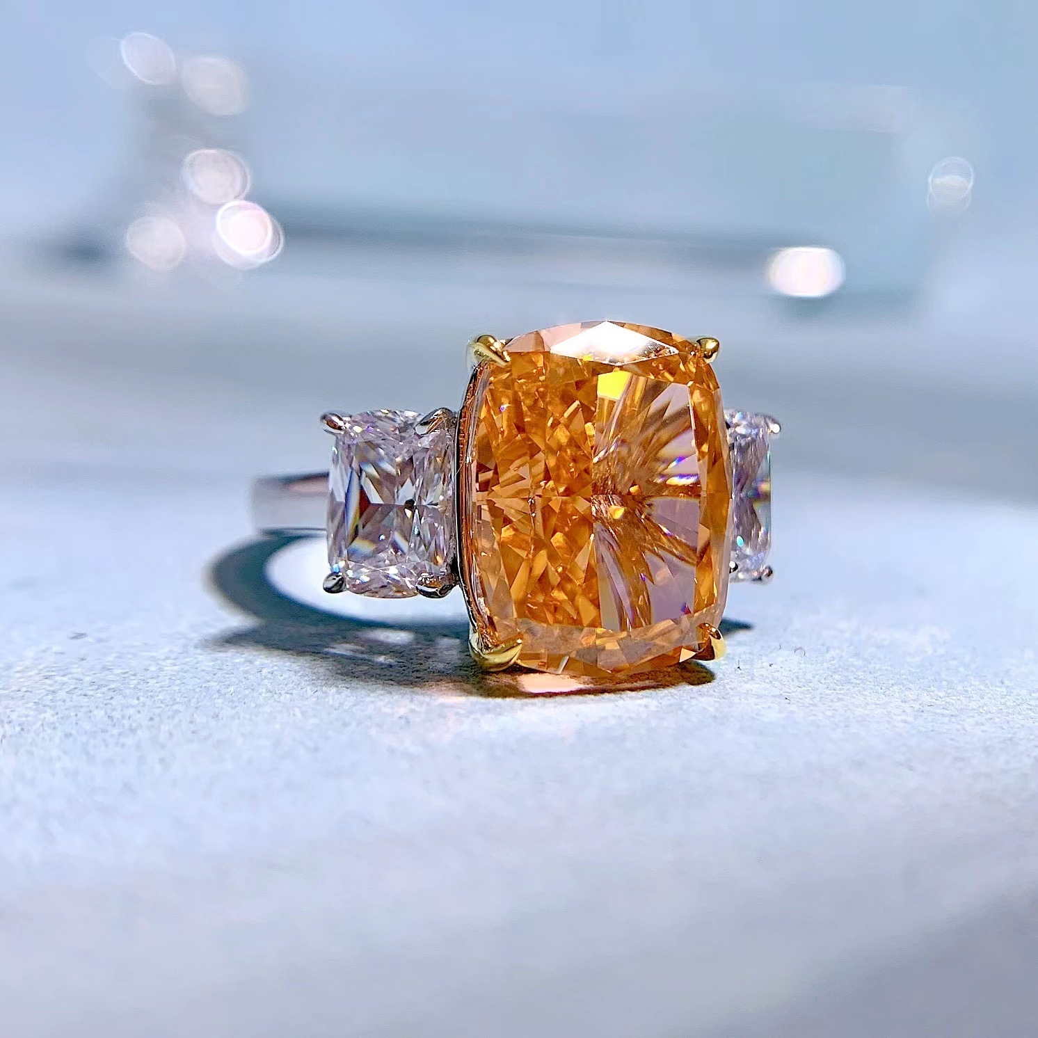 6.5Ct Cushion Cut Orange Diamond Three Stone Ring-Sterling Silver-lornajewelry