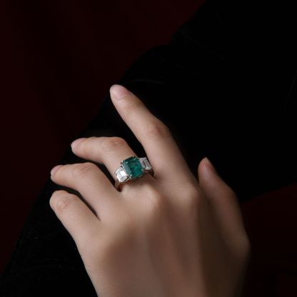 4Ct Emerald Cut Green Three-Stone Engagement Ring For Women In Sterling Silver