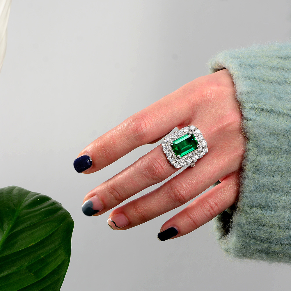 7Ct Green Emerald Cut Halo Setting Classic Ring-Sterling Silver-lornajewelry
