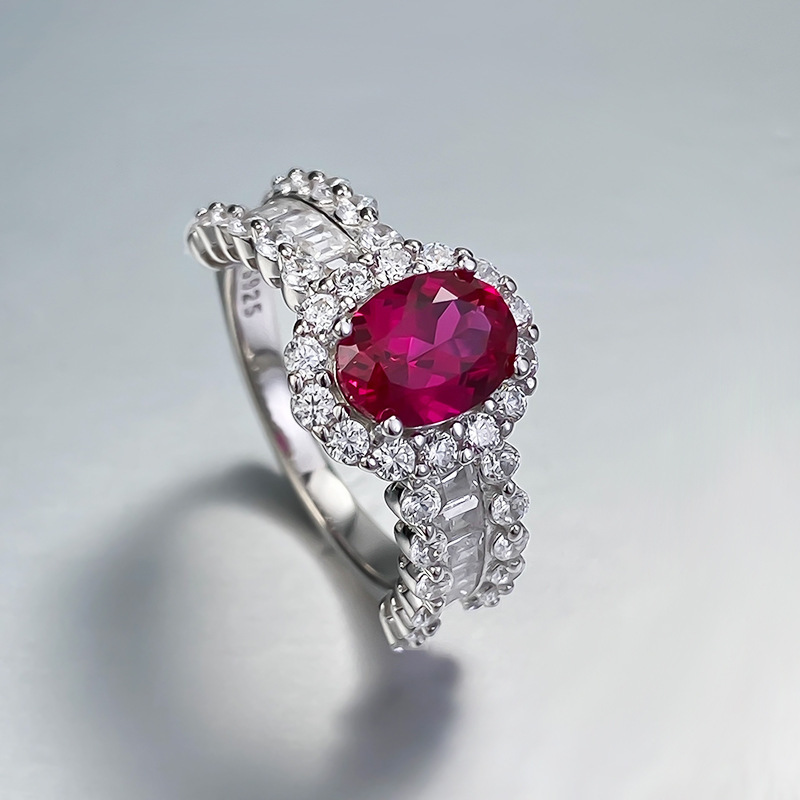 1Ct Ruby Oval Halo Pave Ring with Baguette Accent-Sterling Silver-lornajewelry