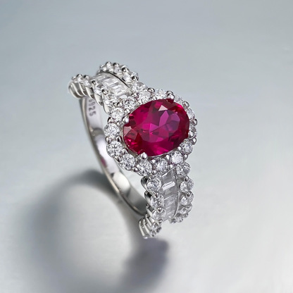1Ct Ruby Oval Halo Pave Ring with Baguette Accent-Sterling Silver-lornajewelry