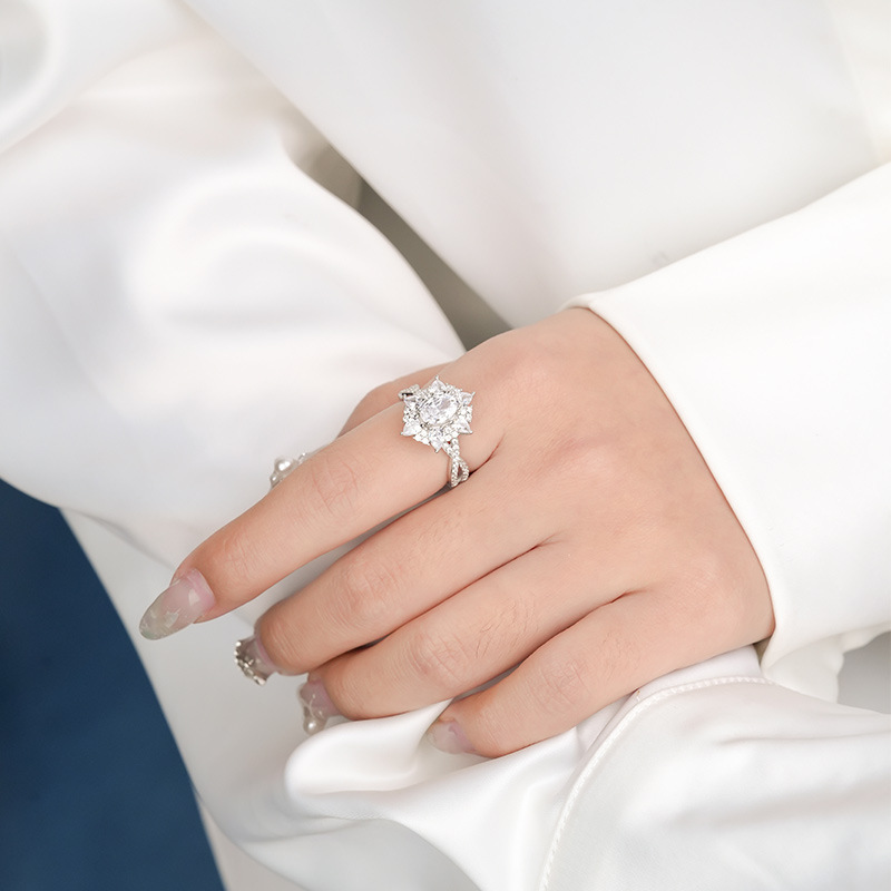 1Ct Moissanite Round Cut Flower Design Halo Ring-Sterling Silver-lornajewelry