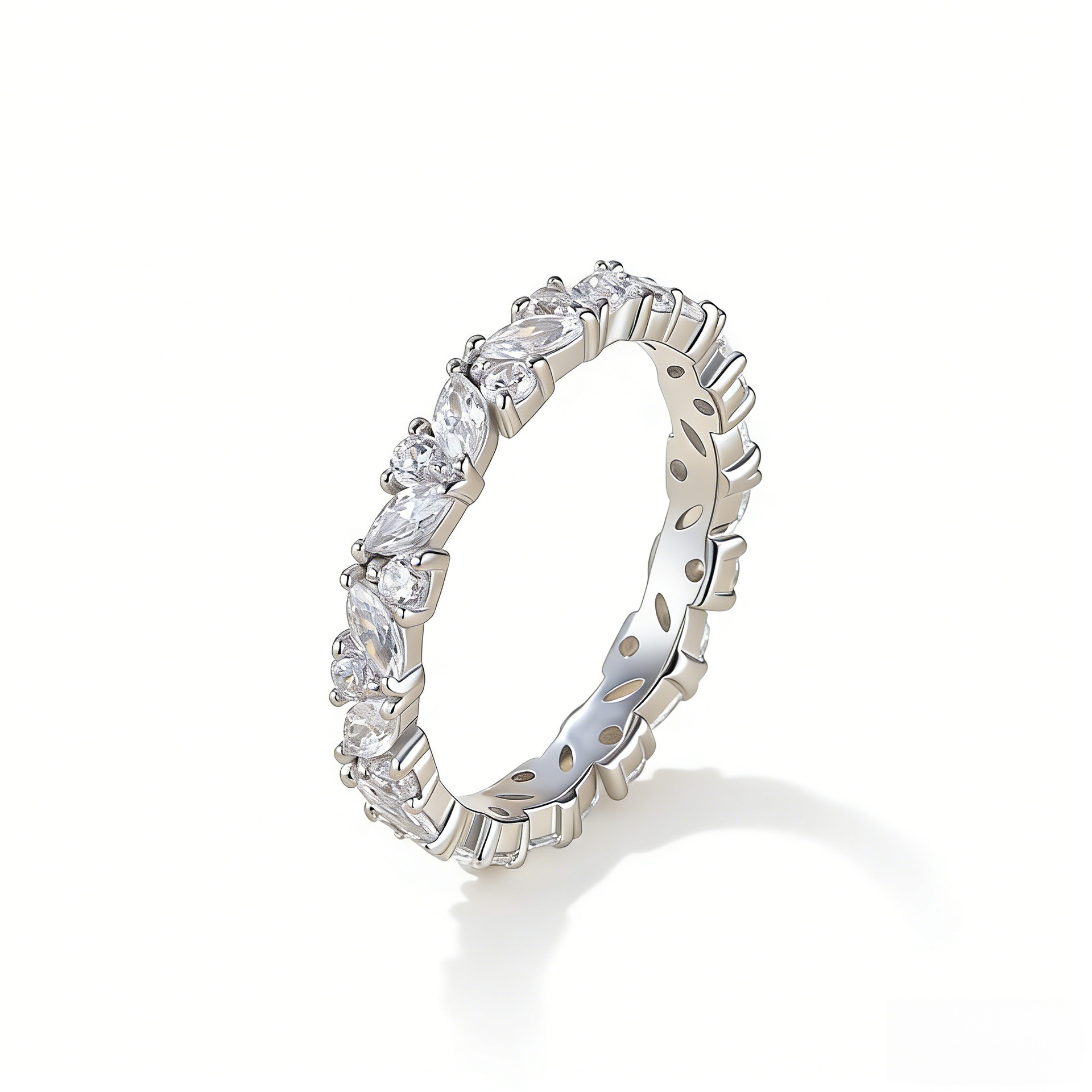 Moissanite Marquise Cut & Round Cut Full Eternity Wedding Band In Sterling Silver