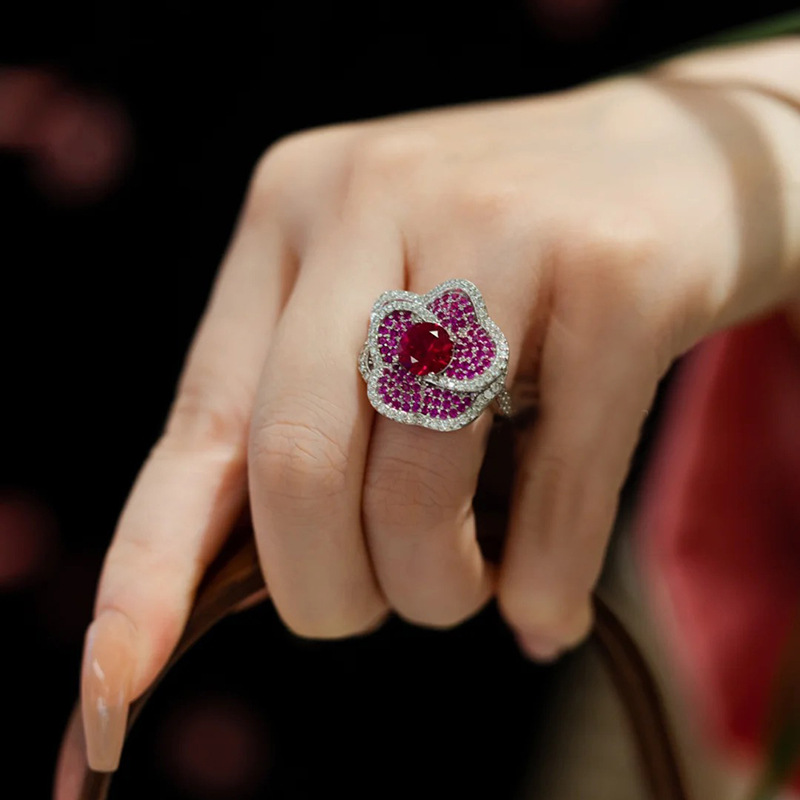 2Ct Round Cut Ruby Pave Flower Ring-Sterling Silver-lornajewelry