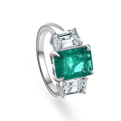 4Ct Emerald Cut Green Three-Stone Engagement Ring For Women In Sterling Silver