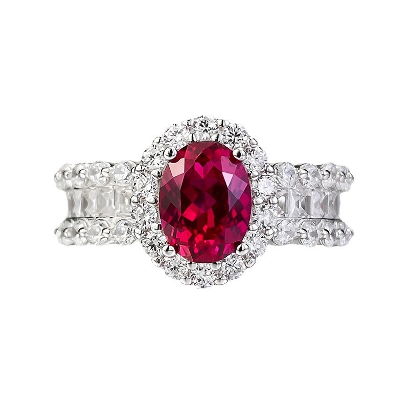 1Ct Ruby Oval Halo Pave Ring with Baguette Accent-Sterling Silver-lornajewelry