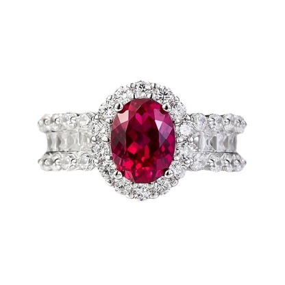 1Ct Ruby Oval Halo Pave Ring with Baguette Accent-Sterling Silver-lornajewelry