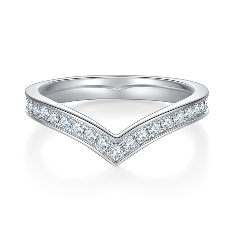 Moissanite V-Shaped Full Eternity Wedding Band Ring In Sterling Silver