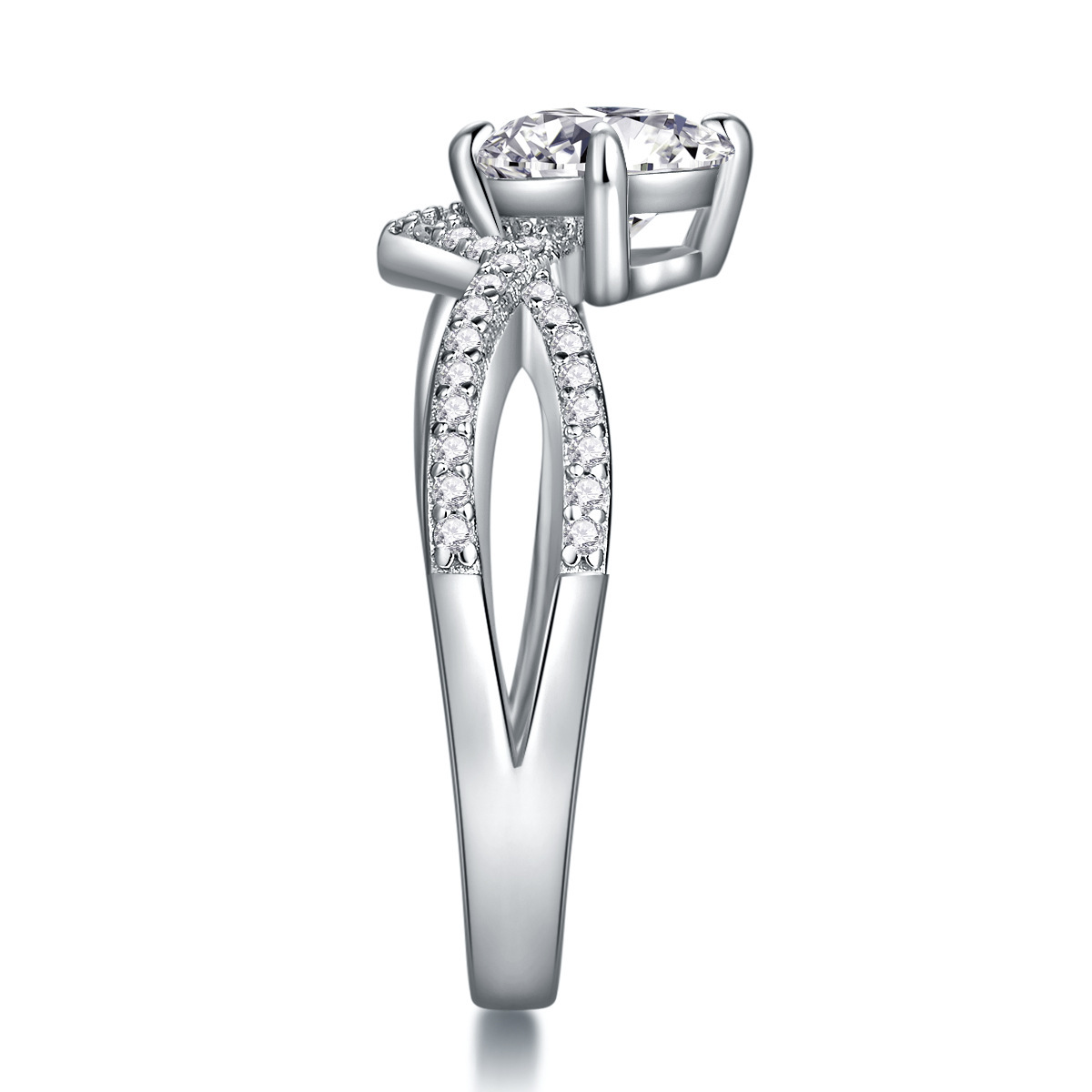 1Ct Round Cut Moissanite Double Row Crisscross Pav Band Elegant  Sparkling Design Sterling Silver Engagement Ring