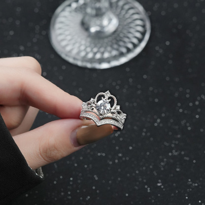 1Ct Moissanite Round Cut Crown Design Pave Setting Ring-Sterling Silver-lornajewelry