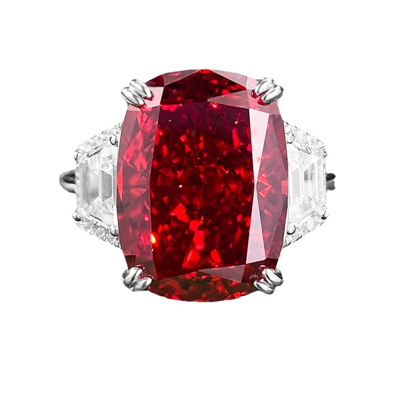 9Ct Ruby Cushion Cut Three-Stone Ring-Sterling Silver-lornajewelry