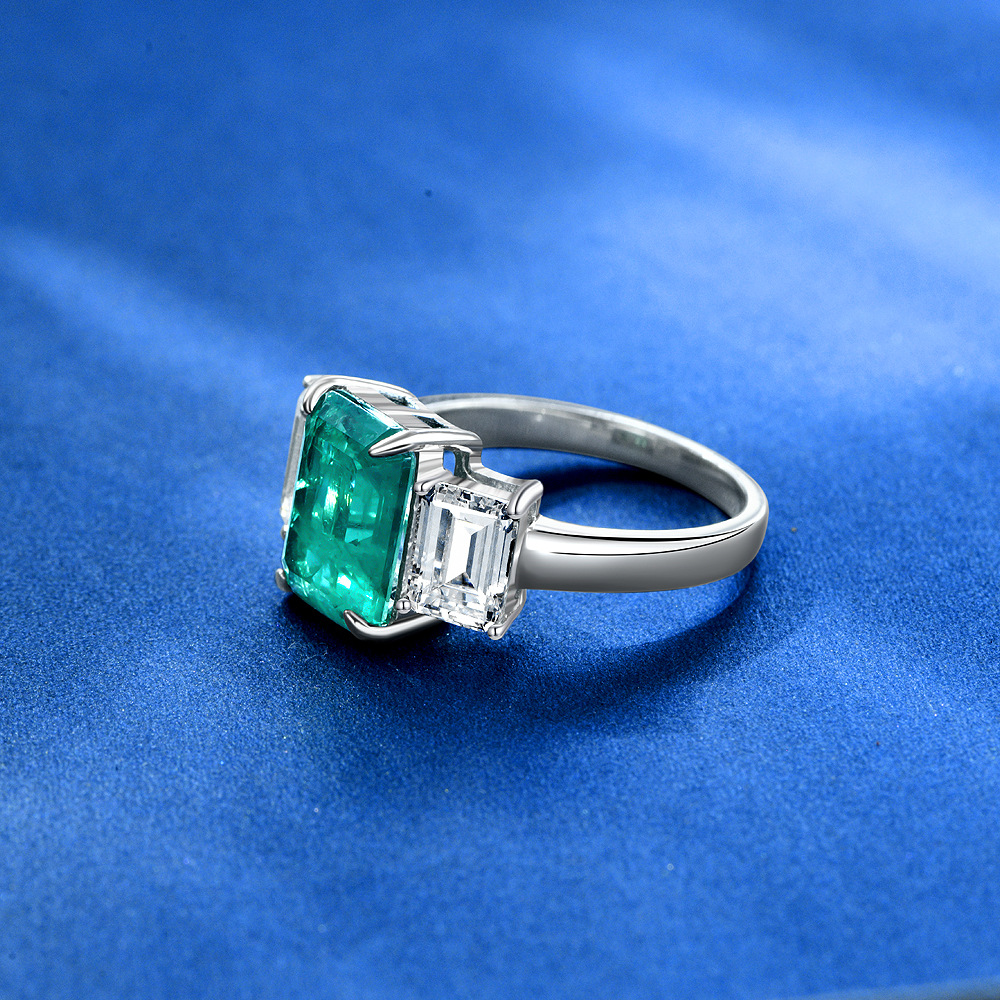 4Ct Emerald Cut Green Three-Stone Engagement Ring For Women In Sterling Silver