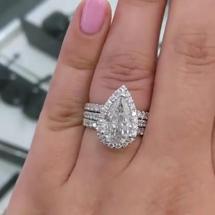 3Ct Classic Halo Pear Cut  3PC Wedding Ring Set In Sterling Silver