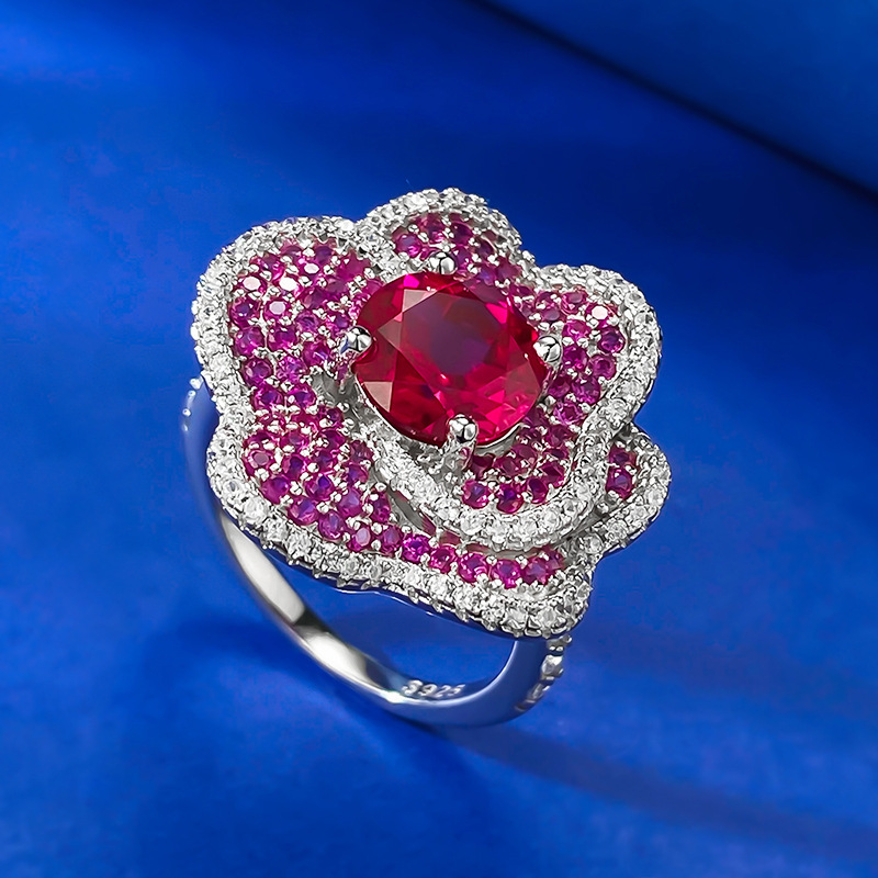 2Ct Round Cut Ruby Pave Flower Ring-Sterling Silver-lornajewelry