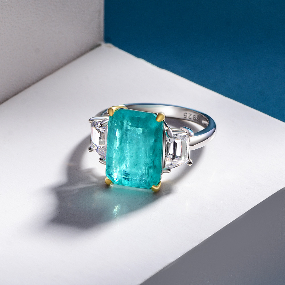 8Ct Emerald Cut Blue Paraiba Tourmaline Three-Stone Ring-Sterling Silver-lornajewelry