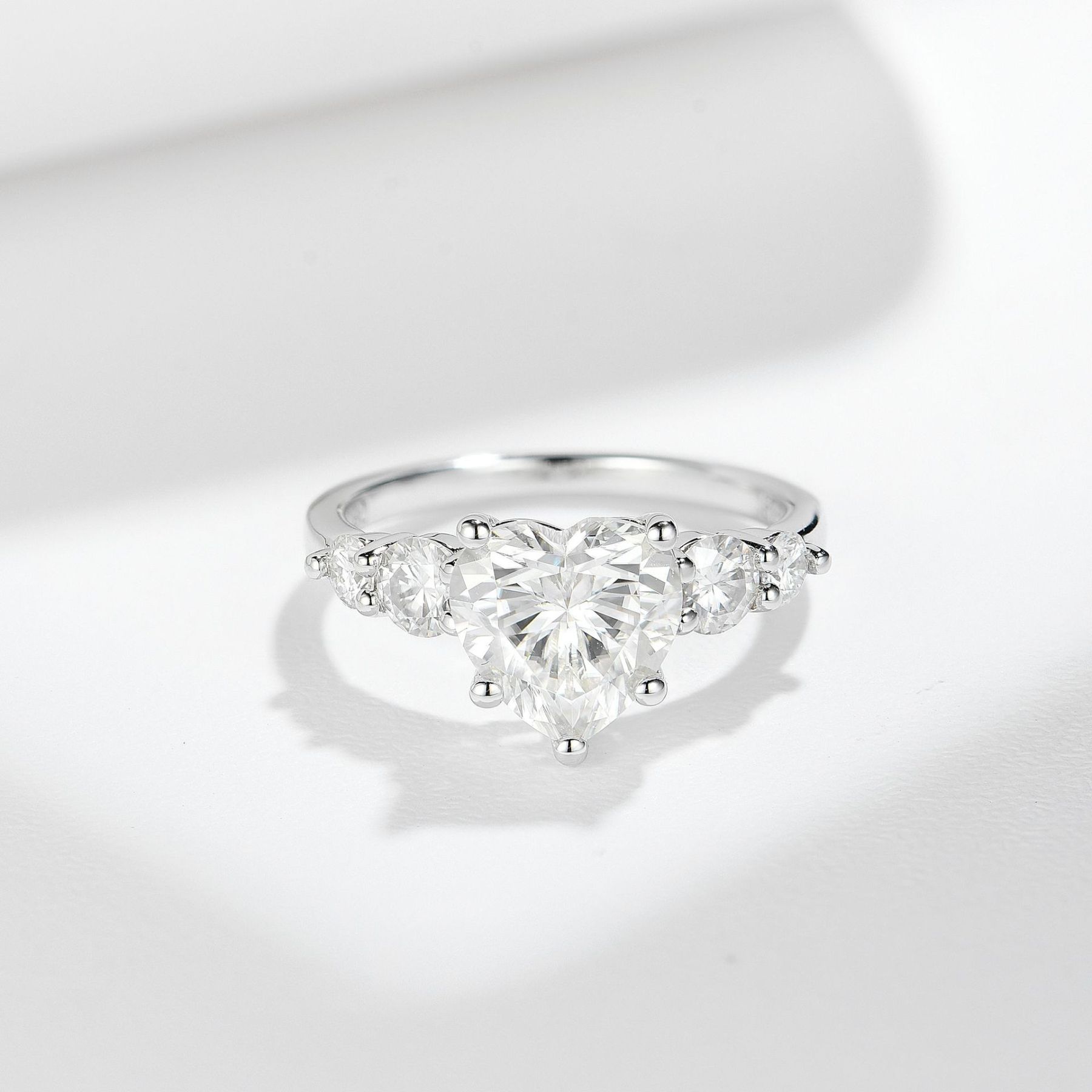 3Ct Moissanite Heart Cut Side Chic Five-Stone Sterling Silver Engagement Ring