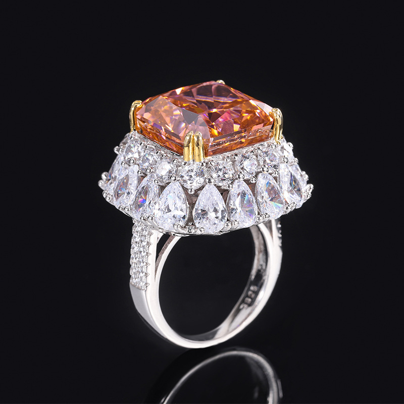 14Ct Luxury Orange Radiant Cut Halo Setting Ring-Sterling Silver-lornajewelry