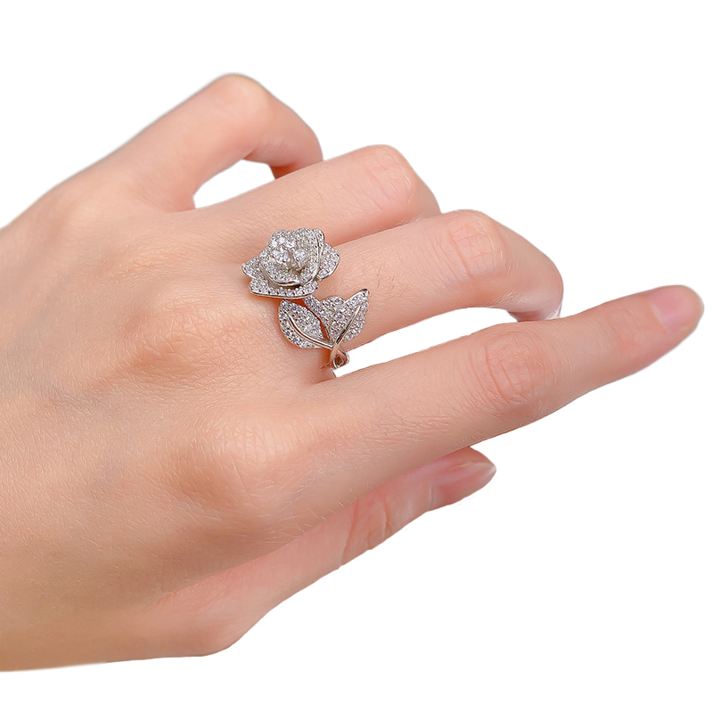White Diamond Rose Pave Setting Ring-Sterling Silver-lornajewelry
