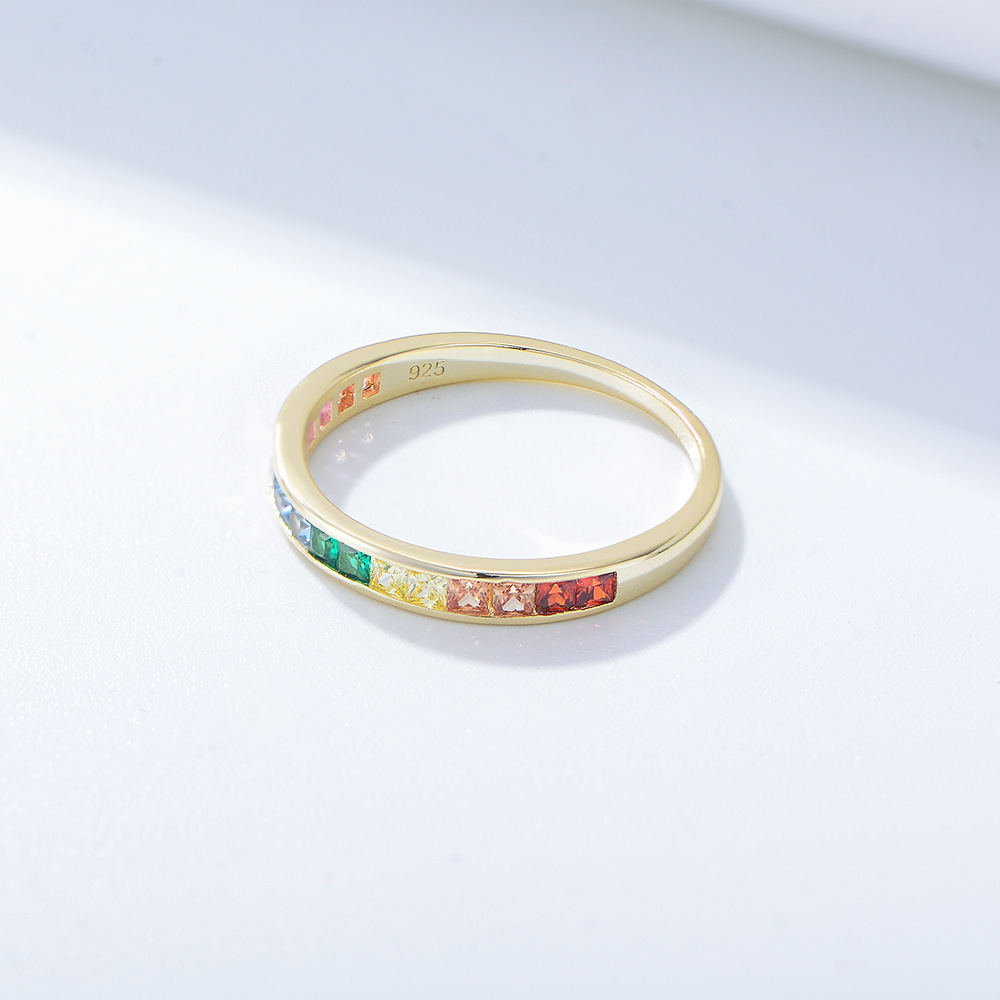 Micro-Pavé Square Rainbow Zircon Wedding Band in Sterling Silver