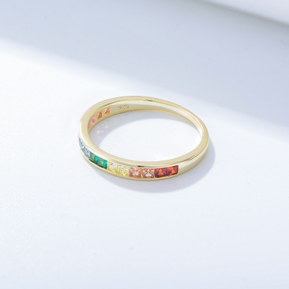 Micro-Pavé Square Rainbow Zircon Wedding Band in Sterling Silver