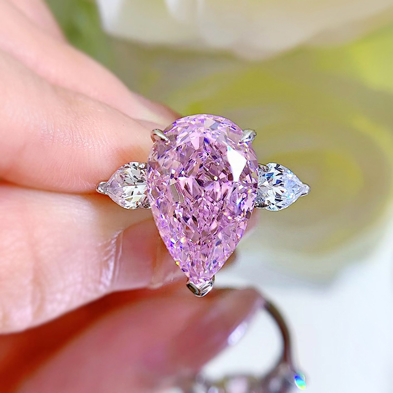 8Ct Elegant Rose Gold Pear Cut Pink Sapphire Three Stone Engagement Ri